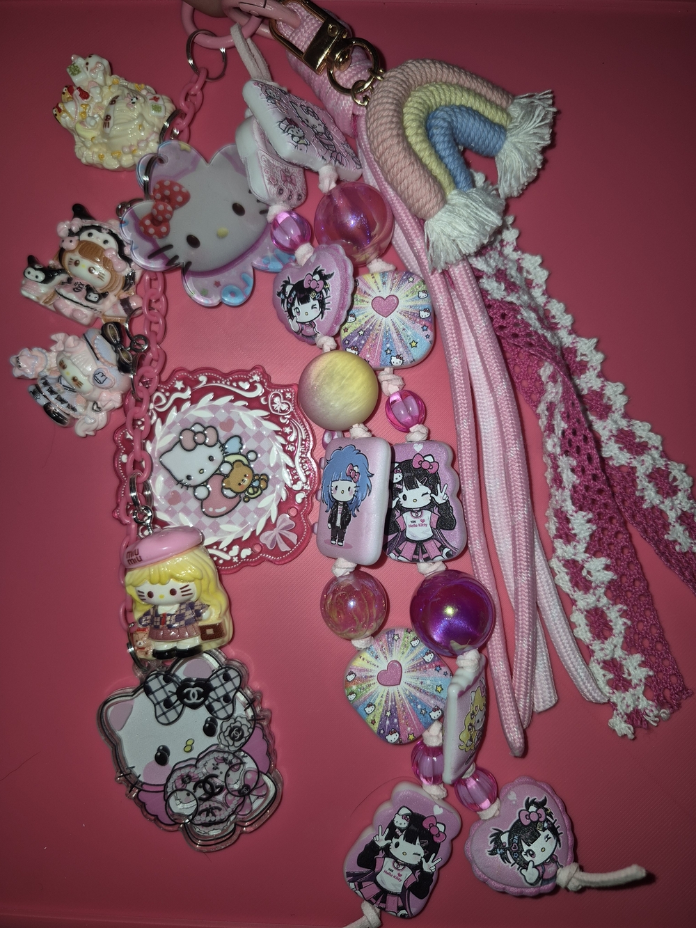 Hello Kitty Pink Beaded Charm Keychain with Pastel Rainbow Tassel